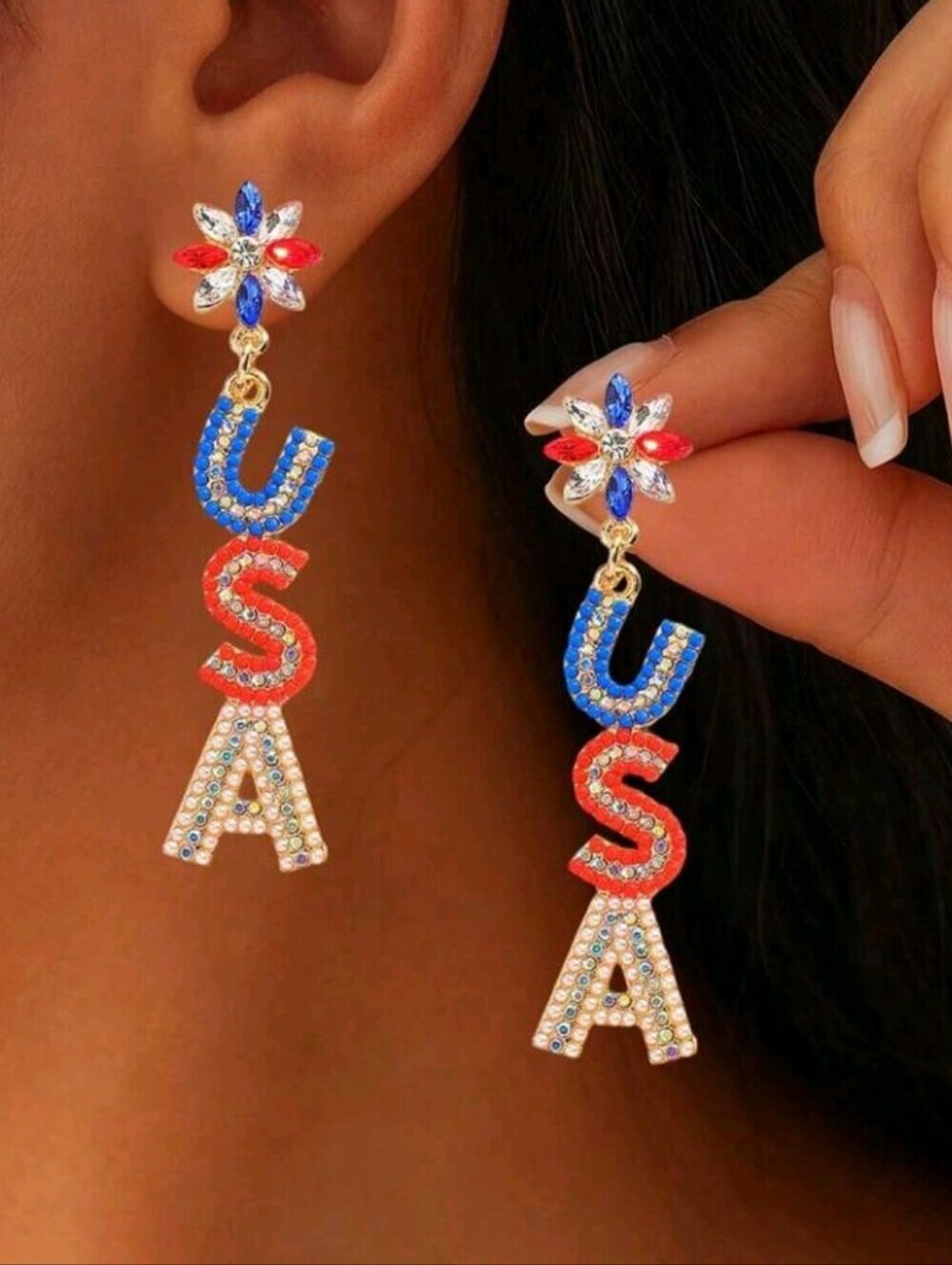 USA Patriotic Festive Red, White & Blue Rhinestone Dangle Earrings